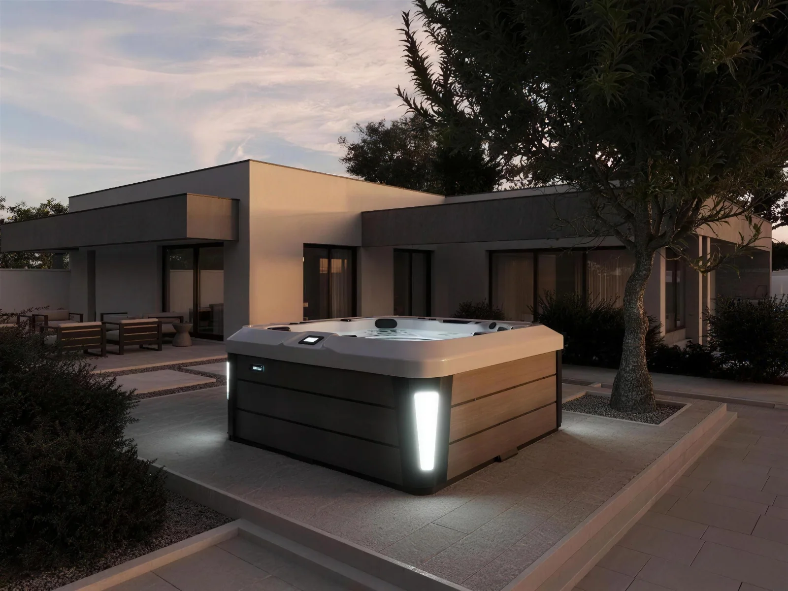 Platinum Spas Tokyo hot tub with lit cabinet outside a modern home