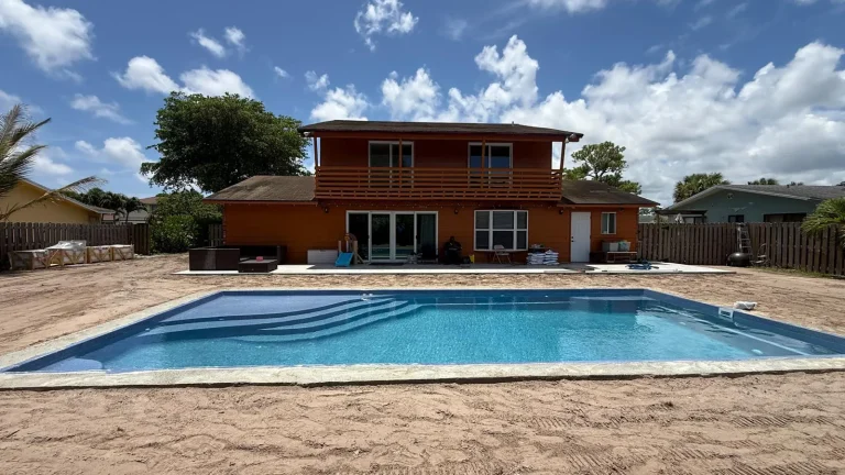 Fiberglass pool filled, before the deck goes in