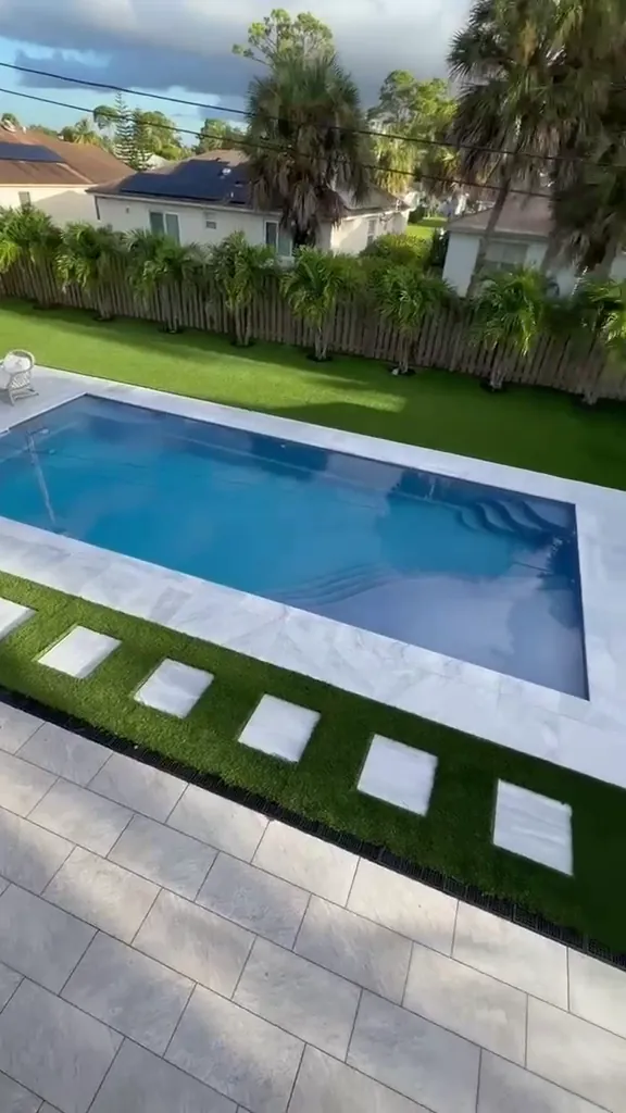 Video: finished fiberglass pool with paver deck and turf