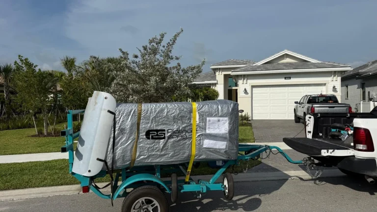 Hot tub arriving on a delivery trailer