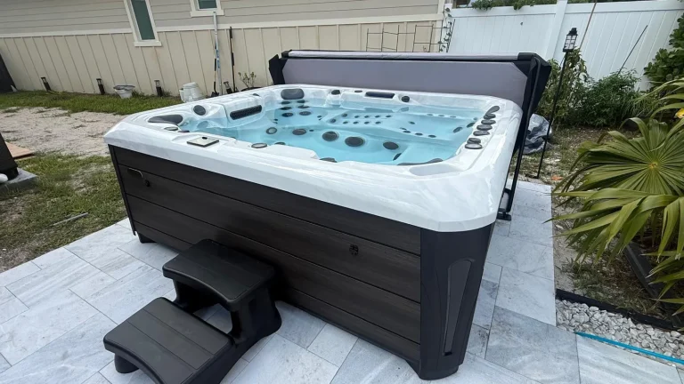 Hot tub on a paver pad, side view