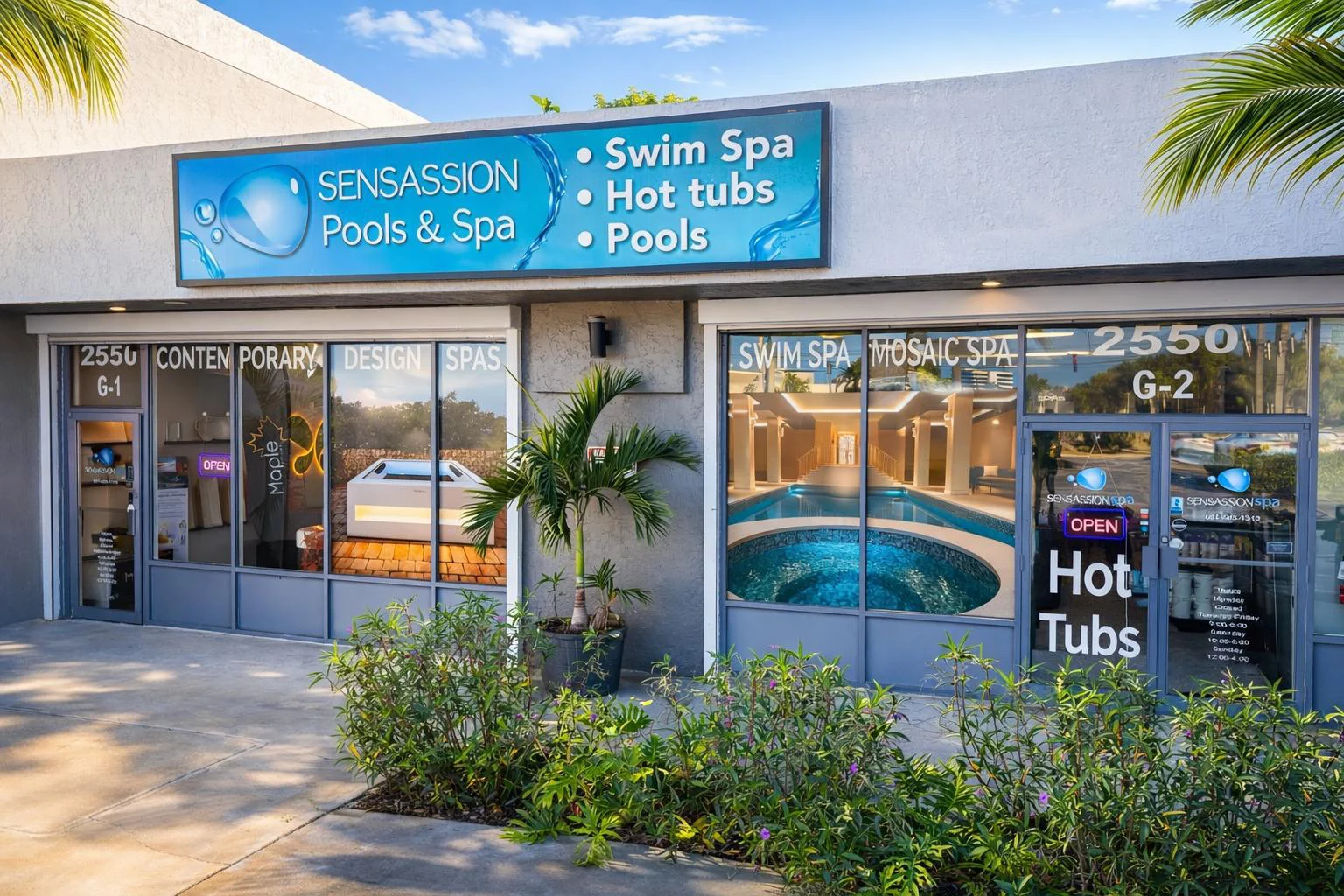 Sensassion showroom windows with swim spa and hot tub displays