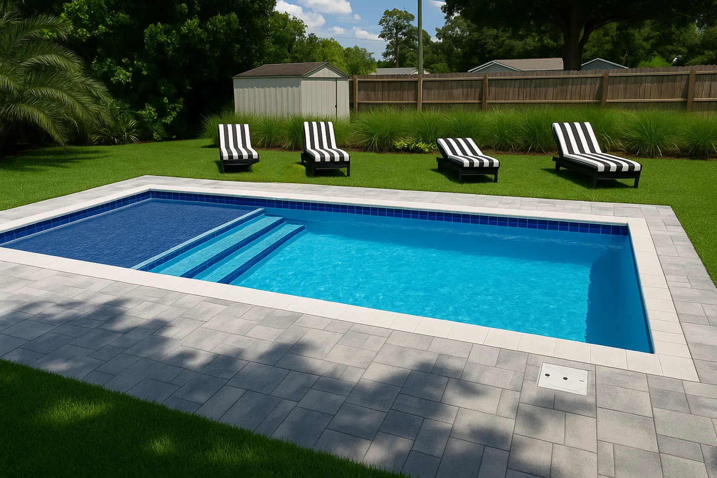X-Pools California fiberglass pool with pavers and loungers on a lawn