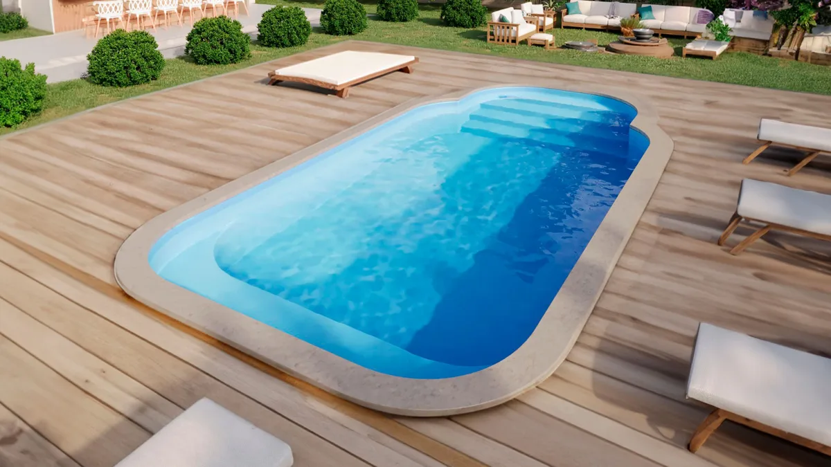 X-Pools Daytona fiberglass pool on a wood deck with loungers