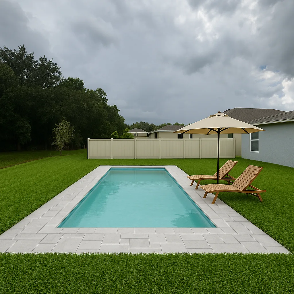 X-Pools Key West fiberglass pool with stone coping on a lawn