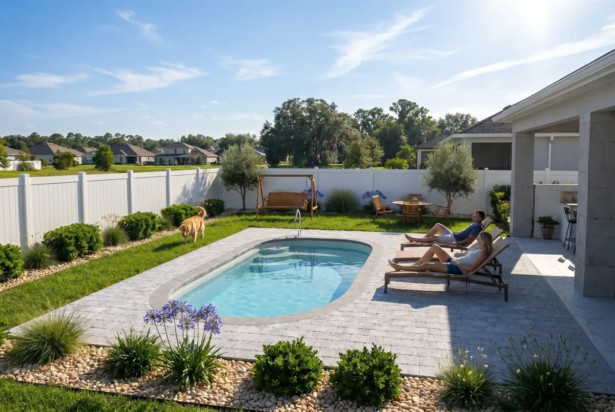 X-Pools Naples freeform fiberglass pool in a landscaped backyard