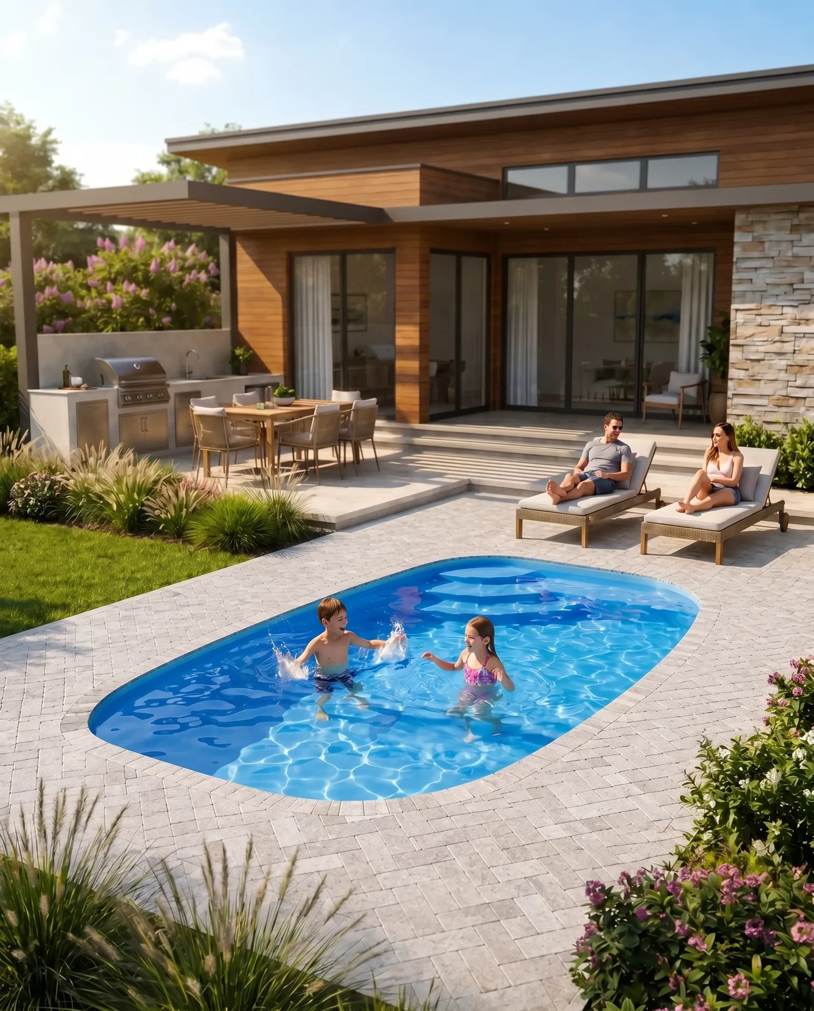 Family relaxing in an X-Pools Naples fiberglass pool beside a modern home