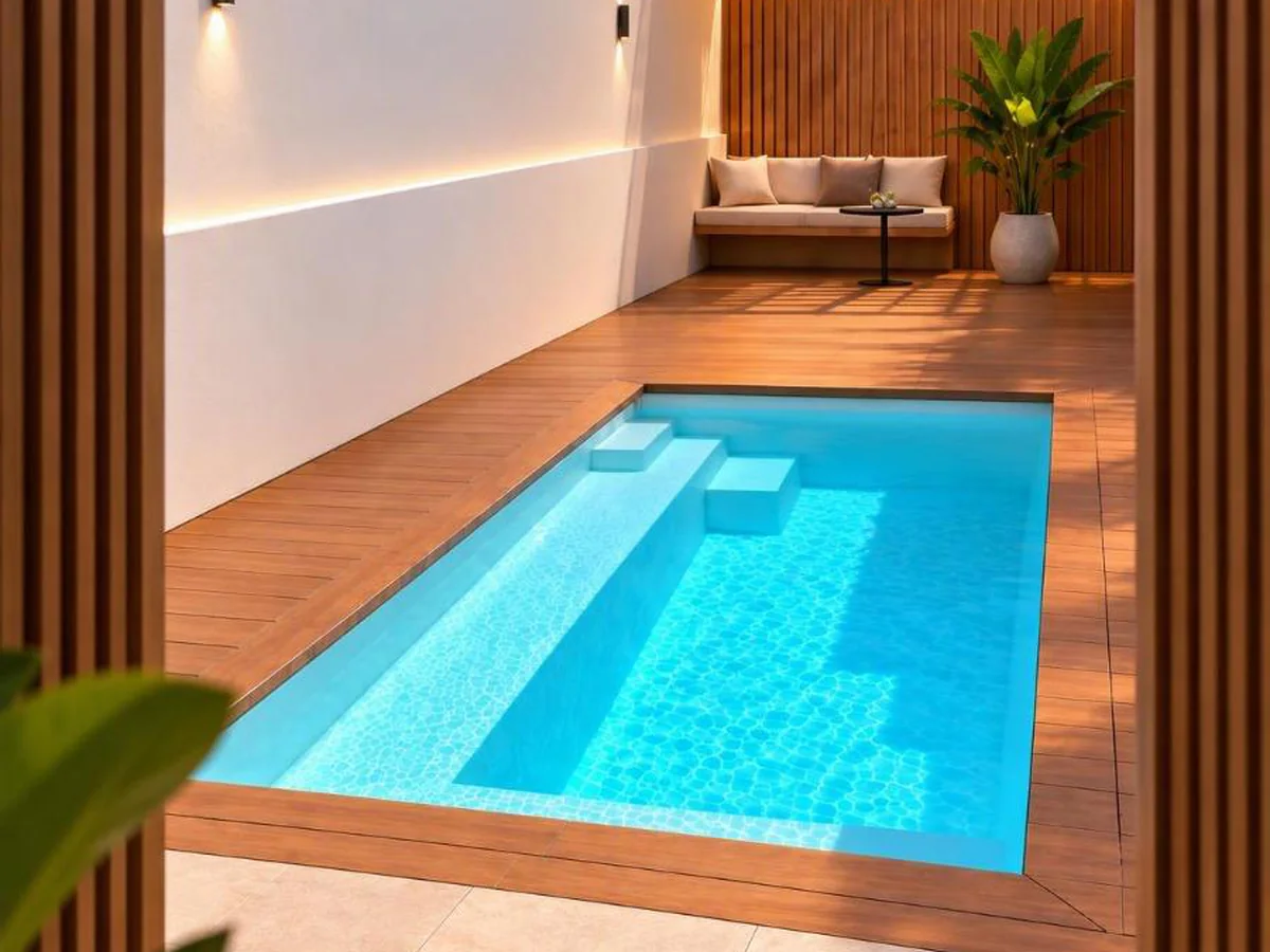 X-Pools Spa Tulum fiberglass pool set in a wood deck patio