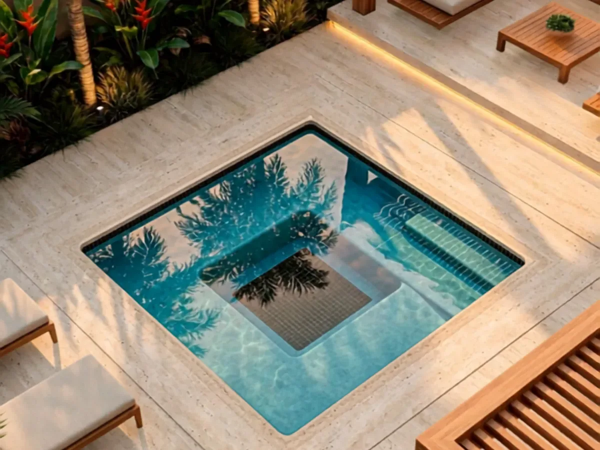 X-Pools X-Spa fiberglass spa set in travertine with a wood deck
